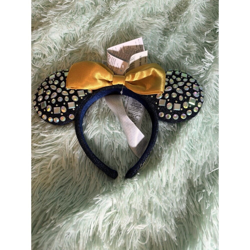 NEW Disney WDW 50th Anniversary Gold Bow Navy Faux Gems Minnie Headband Ears NWT
